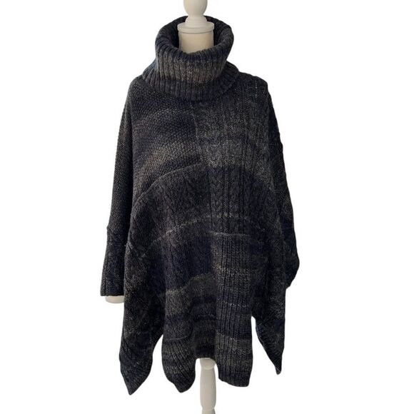 Ralph Lauren Denim & Supply Wool Patchwork Turtleneck Poncho Sweater Grey One Sz - Picture 1 of 8